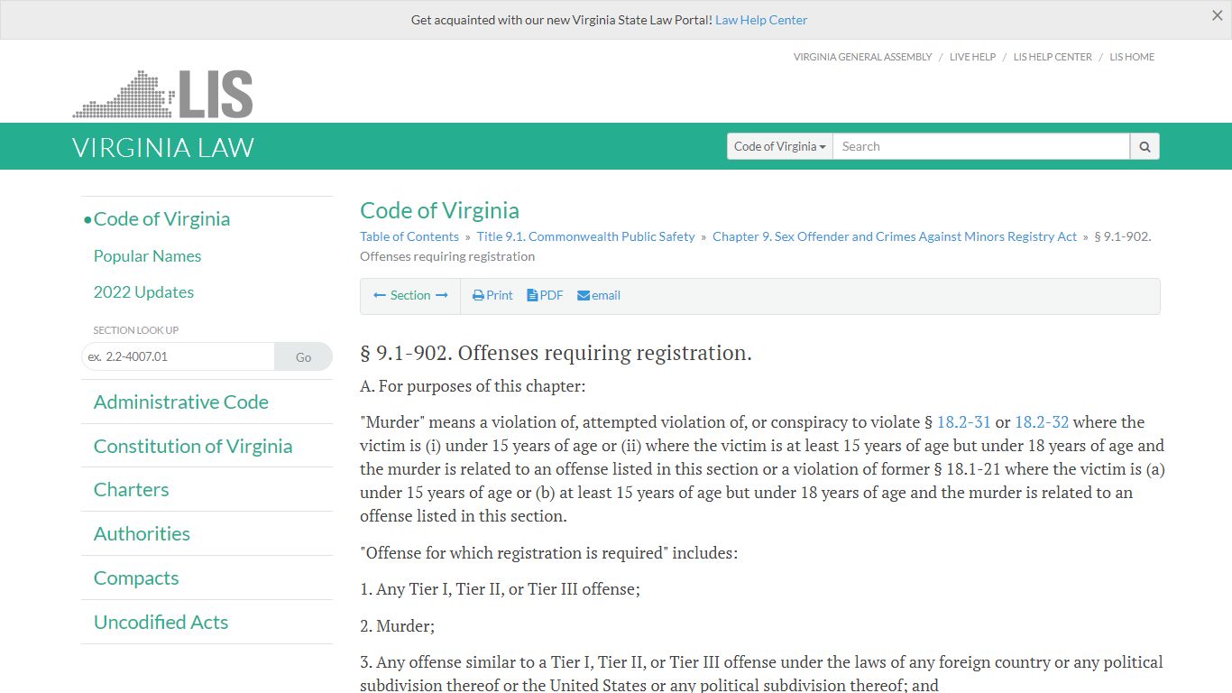 § 9.1-902. Offenses requiring registration - Virginia